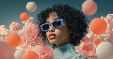 fashion model with curly hair and blue sunglasses is surrounded by floating pastel pink clouds, pink flowers, white spheres, and dark orange bubbles. the background color of the sky is blue. high-reso