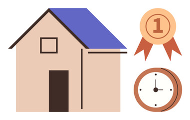 Minimalistic house design with a blue roof, gold medal with one, and clock face. Ideal for homeownership, achievement, time management, real estate success, punctuality, goals simple flat metaphor