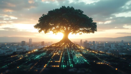 A majestic tree of knowledge with digital roots, symbolizing the interconnectedness of nature and technology against a city skyline at sunset