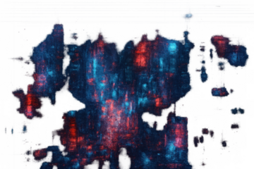 Abstract digital glitching texture blending red and blue neon lights with futuristic cyber chaos, transparent background