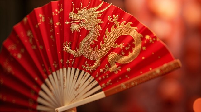 Red fan with golden dragon &mdash; atmosphere of Eastern luxury, festive grandeur and cultural tradition