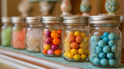A row of jars with different colored candies inside