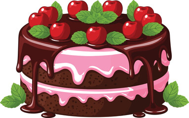 Delicious chocolate and pink layer cake decorated with cherries and mint on transparent background