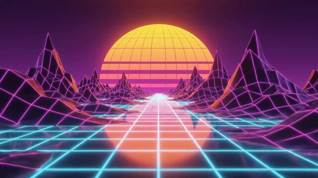 Retro Synthwave Grid Landscape with Neon Sun and Mountains, Futuristic 80s Style Digital Horizon.