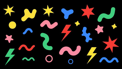 Vibrant Abstract Shapes and Geometric Elements Collection on Black Background