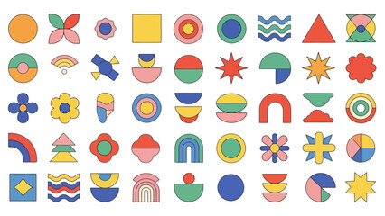 Collection of Colorful Geometric Abstract Shapes and Icons, Retro Style Vector Art