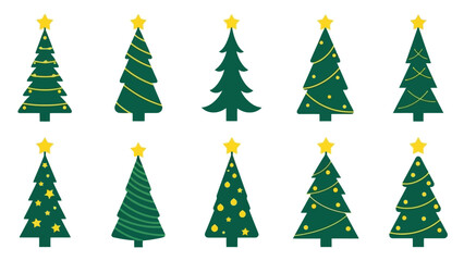 Collection of festive green Christmas trees with yellow stars and ornaments on white background