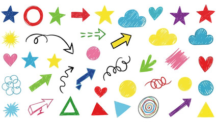 Collection of Colorful Hand-Drawn Doodles and Symbols on White Background