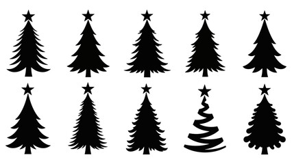 Diverse Set of Black Silhouette Christmas Trees with Stars, Vector Graphics
