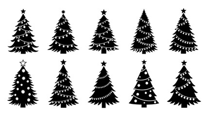 Obraz premium Set of Ten Black Silhouette Christmas Trees with Decorations and Stars
