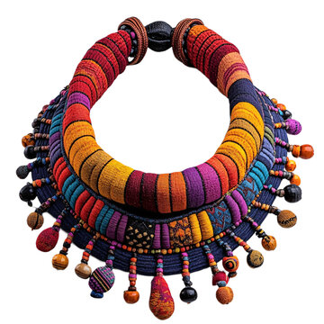 Front view of a Kuna molas fabric necklace with beads floating in the air, studio shot, isolated on a white transparent background