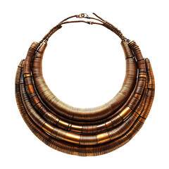 Front view of a Maasai layered leather and bead necklace floating in the air, studio shot, isolated on a white transparent background