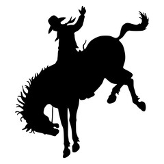A powerful, black silhouette of a cowboy or cowgirl on a bucking horse, capturing the action and spirit of a rodeo or wild west event.