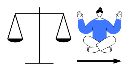 Work-life balance, mindfulness practice, inner peace, decision-making, harmony, self-care. A scale balance, and a person meditates nearby. Work-life balance and mindfulness concepts