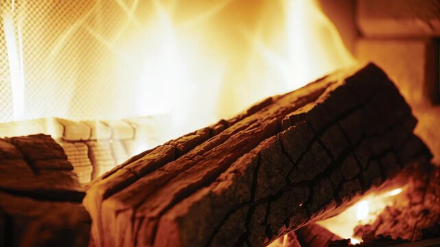 Closeup view of glowing fireplace flames concept. The vibrant flames dance over textured logs in a cozy fireplace setting.
