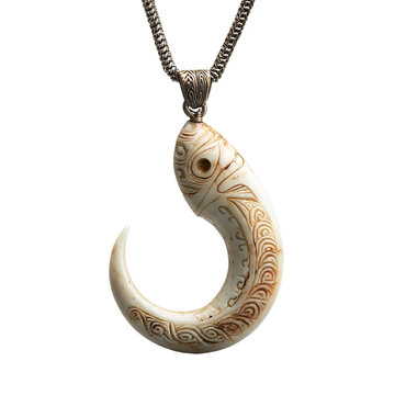 Front view of a Maori carved fishhook bone necklace floating in the air, studio shot, isolated on a white transparent background