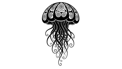 Stylized Black and White Jellyfish Illustration with Swirling Tentacles.