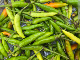 Fresh Green Chili Peppers Background, Close-Up of Green Hot Chilies with Natural Texture and Vibrant Color