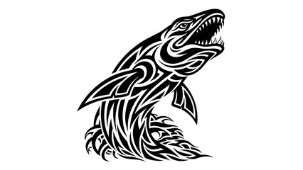 Tribal Tattoo Style Jumping Shark Illustration with Open Mouth and Sharp Teeth.