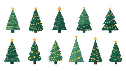 Collection of Decorative Green Christmas Trees with Yellow Stars and Lights