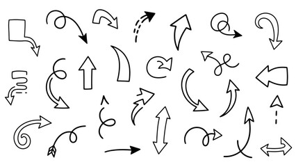 Collection of Hand-Drawn Arrows and Symbols on White Background, Vector Graphics