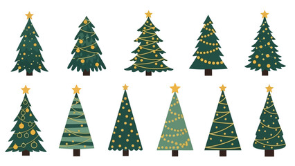 Set of Festive Green Christmas Trees with Yellow Star and Ornaments, Vector Art