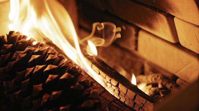 Closeup view of glowing fireplace flames concept. The warm flames dance over logs, creating a cozy ambiance.