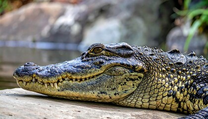 Obraz premium A close-up view of a crocodile resting on a rock near water