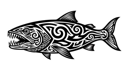 Tribal Tattoo Style Fierce Fish Illustration.