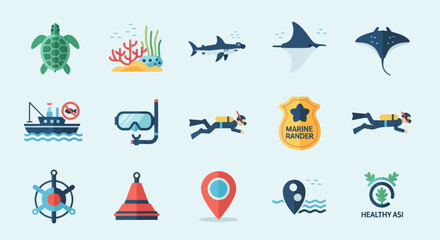Flat Design Collection of Marine Animals and Icons. © Kris