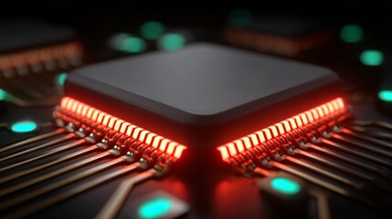 A close-up view of a microchip with intricate circuitry, showcasing the future of technology and innovation. The chip is lit with a warm red glow, highlighting the complex design