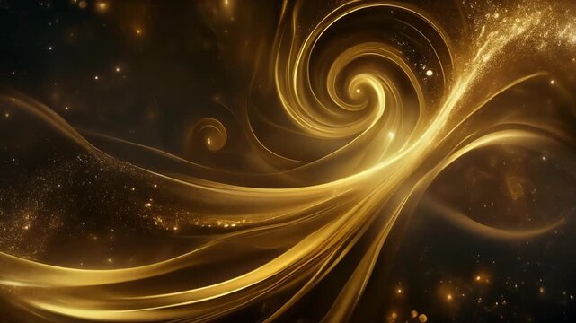 Glimmering gold ribbons swirl in a dark, cosmic expanse sprinkled with sparkling stardust