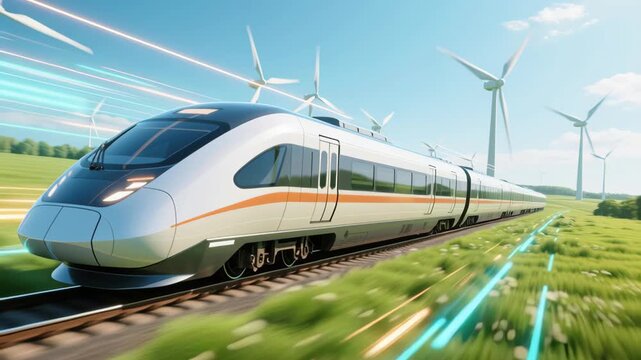 Hydrogen Fuel Future Energy. High speed train powered by solar and wind energy reducing carbon emission promoting ecology with clean power and carbon credit benefits