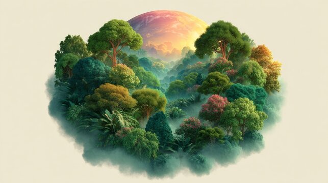 A vibrant and surreal island floating in the clouds, filled with lush forests and a breathtaking sunrise. The composition is imaginative, evocative of an untouched natural environment.