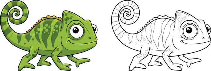 Cute cartoon chameleon illustration featuring colored and outline versions, smiling reptile character for kids coloring, education, and playful wildlife design projects.