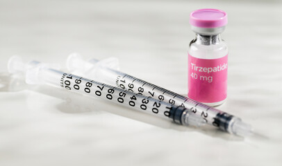 Close up of Glass Vials with Lyophilized Tirzepatide GLP1 Agonists Inside