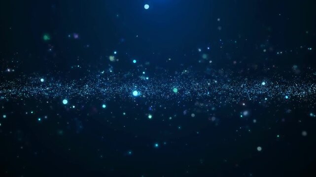 Glowing, blurred, bokeh particles stream through a dark blue void