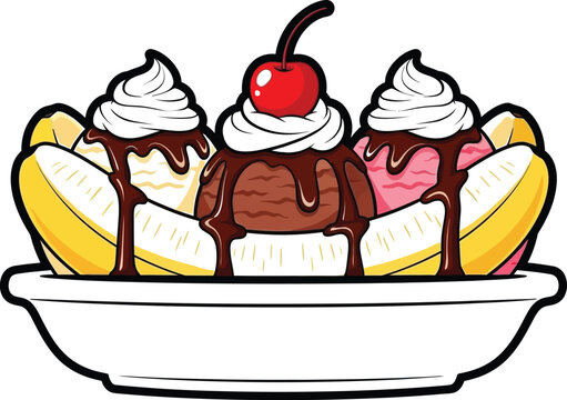 Delicious banana split with whipped cream chocolate and cherry on transparent background
