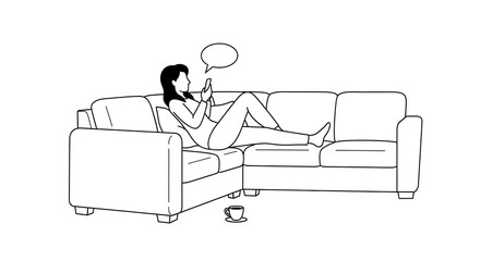 Woman relaxing on the couch while using her mobile phone in minimalist style