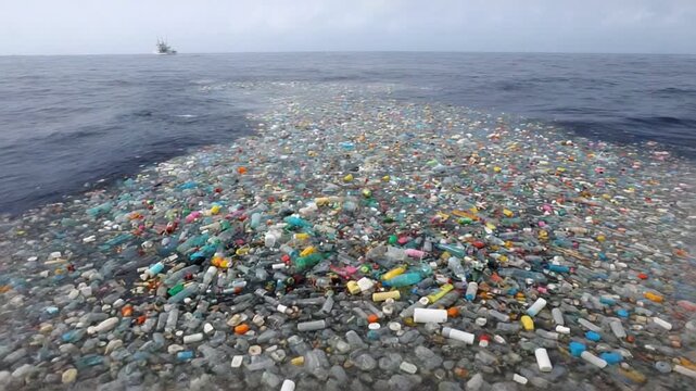 A vast expanse of ocean is covered with plastic waste, illustrating the significant impact of pollution on marine environments