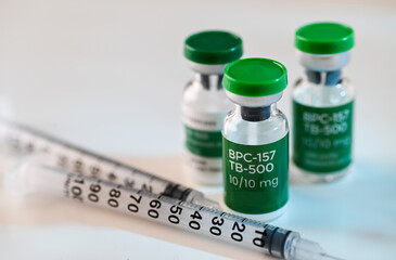 Close up of Vial with Lyophilized Peptide Blend of BPC-157 and TB-500 for Healing and Reduced Inflammation, Enhanced Tissue Repair