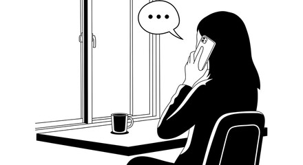A woman answers her phone, black and white drawing near a bright window