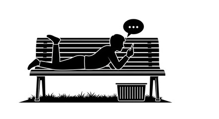 Silhouette of a person lying on a bench using a smartphone with a chat bubble overhead in black