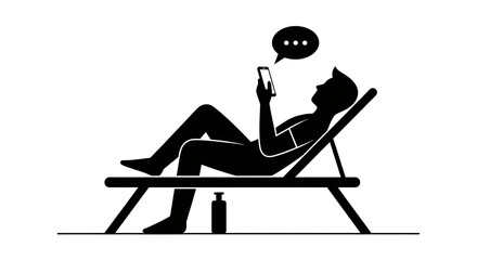 Black silhouette of a man relaxing on a lounge chair while using smartphone