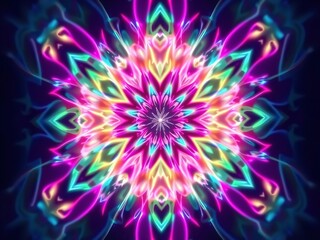 Symmetrical neon mandala pattern glows with vibrant pink cyan and yellow light against a deep dark background creating abstract energy
