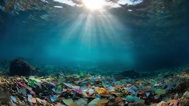 An underwater scene highlighting the stark contrast between vibrant marine life and a troubling layer of plastic waste, showcasing the urgent need for ocean conservation and awaren