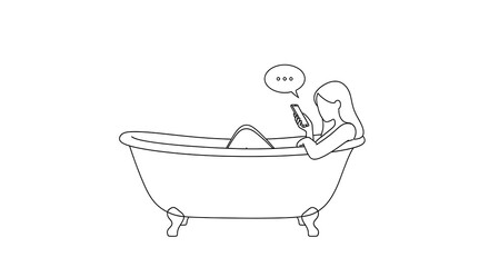 Line drawing of a woman relaxing in a bathtub while using her mobile phone