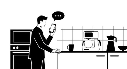 Modern kitchen scene depicting a man using a smartphone amidst kitchen appliances