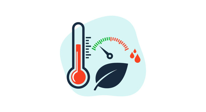 Environmental concept icon with a hot thermometer high humidity gauge and a plant leaf.