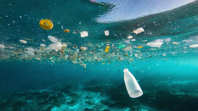 An underwater scene showing the alarming amount of plastic debris floating in ocean waters, highlighting the urgent need for environmental conservation and pollution awareness.